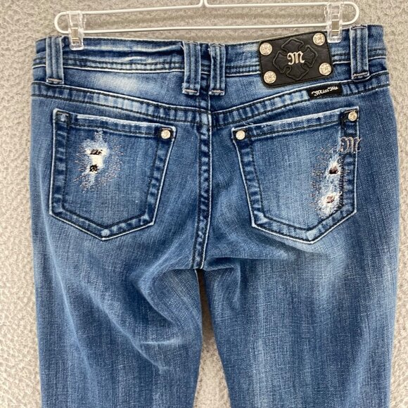 Miss Me Jeans Womens 30 Blue Medium Wash Denim Distressed Rhinestone Boot Cut* - Picture 4 of 14